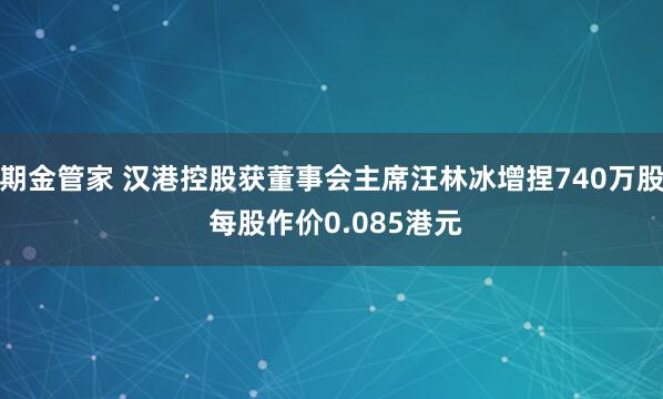 期金管家 汉港控股获董事会主席汪林冰增捏740万股 每股作价0.085港元